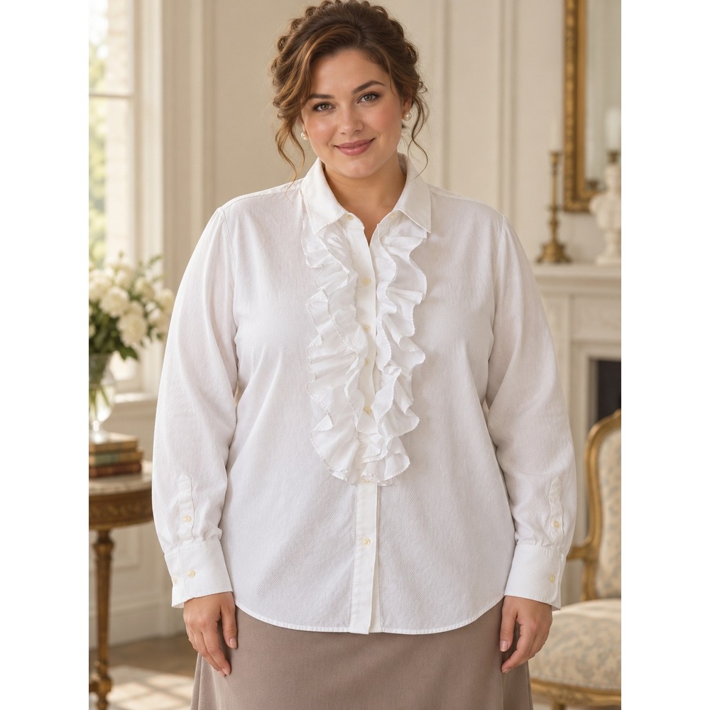 Lauren Ralph Lauren Ruffle Blouse Womens 2X White Cotton Textured Button Down